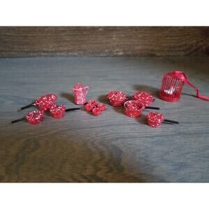 Dollhouse Miniature Red Speckled Enamelware Dishes- pots, cups, coffee pot